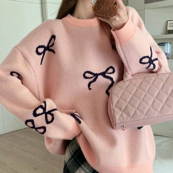 Pink Casual Women's Loose Fit Bowknot detailed Round Neck Long Sleeve Sweater - Picture 5 of 8